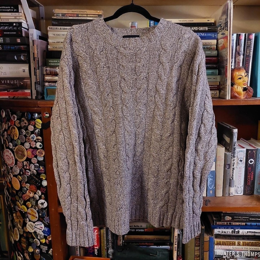 Vintage 80% lambswool tan cable knit chunky sweater.